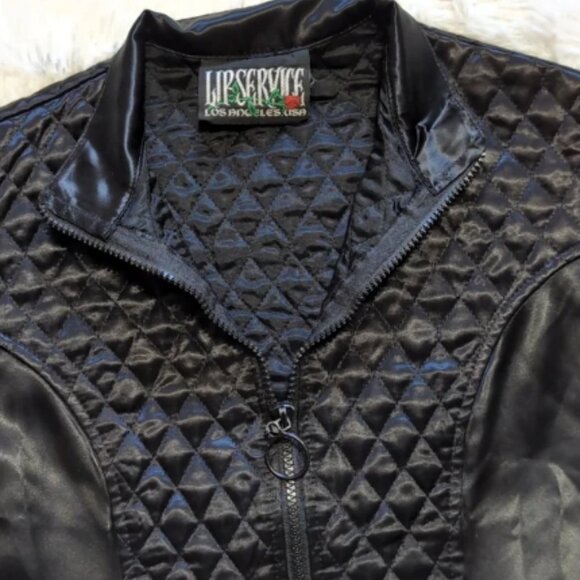 Vintage Lip Service Black Satin Quilted Zip Jacket with Rose Tag - Picture 3 of 14